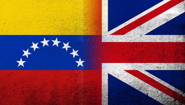 National flag of United Kingdom (Great Britain) Union Jack with The Bolivarian Republic of Venezuela National flag. Grunge background