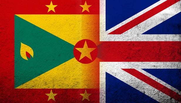 National flag of United Kingdom (Great Britain) Union Jack with National flag of Grenada. Grunge background