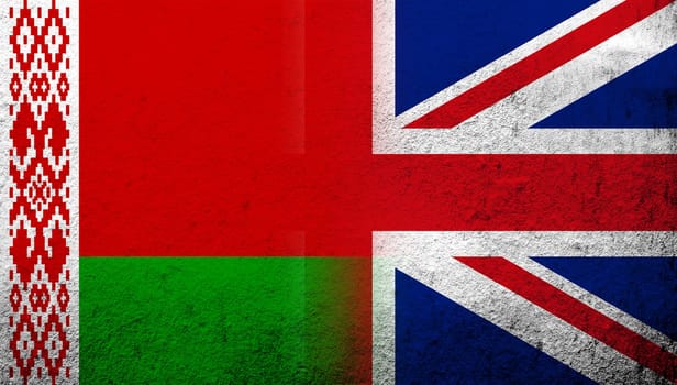 National flag of United Kingdom (Great Britain) Union Jack with Republic of Belarus National flag. Grunge background