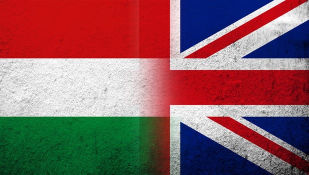 National flag of United Kingdom (Great Britain) Union Jack with National flag of Hungary. Grunge background
