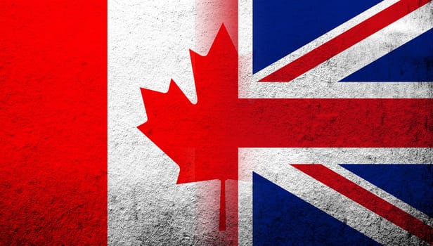 National flag of United Kingdom (Great Britain) Union Jack with National flag of Canada. Grunge background