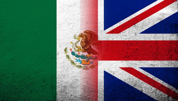 National flag of United Kingdom (Great Britain) Union Jack with Mexico National flag. Grunge background