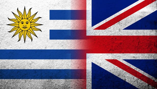 National flag of United Kingdom (Great Britain) Union Jack with The Oriental Republic of the Uruguay National flag. Grunge background