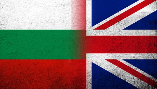 National flag of United Kingdom (Great Britain) Union Jack with The Republic of Bulgaria National flag. Grunge background