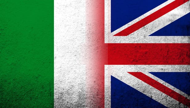 National flag of United Kingdom (Great Britain) Union Jack with National flag of Italy. Grunge background