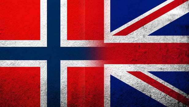 National flag of United Kingdom (Great Britain) Union Jack with The Kingdom of Norway national flag. Grunge background