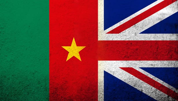 National flag of United Kingdom (Great Britain) Union Jack with The Republic of Cameroon National flag. Grunge background
