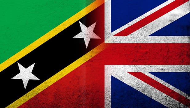 National flag of United Kingdom (Great Britain) Union Jack with Saint Kitts and Nevis National flag. Grunge background