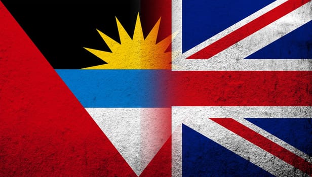 National flag of United Kingdom (Great Britain) Union Jack with National flag of Antigua and Barbuda. Grunge background