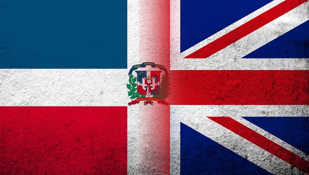National flag of United Kingdom (Great Britain) Union Jack with National flag of Dominican Republic. Grunge background
