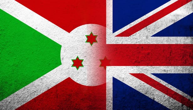 National flag of United Kingdom (Great Britain) Union Jack with The Republic of Burundi National flag. Grunge background