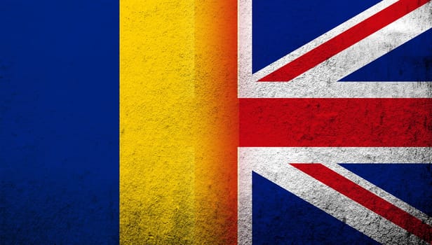 National flag of United Kingdom (Great Britain) Union Jack with National flag of Romania. Grunge background