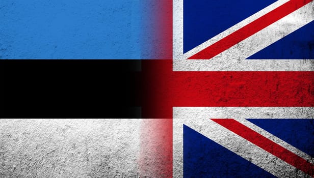 National flag of United Kingdom (Great Britain) Union Jack with The Republic of Estonia national flag. Grunge background