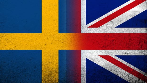 National flag of United Kingdom (Great Britain) Union Jack with The Kingdom of Sweden national flag. Grunge background