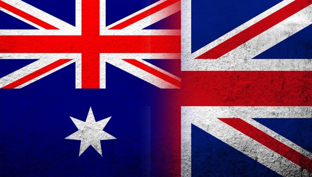National flag of United Kingdom (Great Britain) Union Jack with National flag of Australia. Grunge background