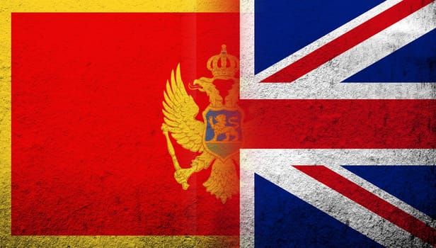 National flag of United Kingdom (Great Britain) Union Jack with National flag of Montenegro. Grunge background