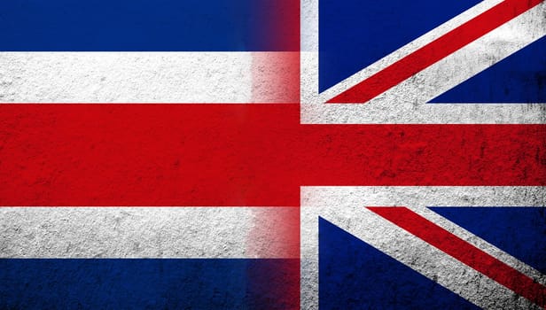 National flag of United Kingdom (Great Britain) Union Jack with Republic of Costa Rica National flag. Grunge background