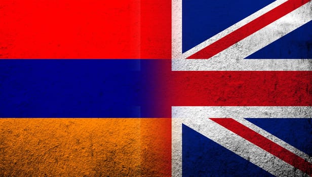 National flag of United Kingdom (Great Britain) Union Jack with Republic of Armenia  national flag. Grunge background
