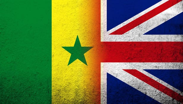 National flag of United Kingdom (Great Britain) Union Jack with The Republic of Senegal National flag. Grunge background