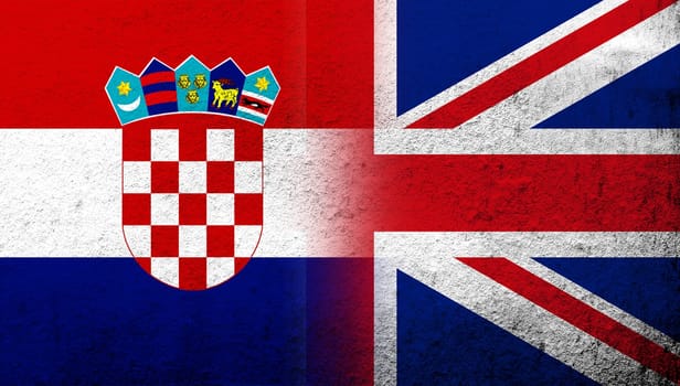 National flag of United Kingdom (Great Britain) Union Jack with Republic of Croatia National flag. Grunge background