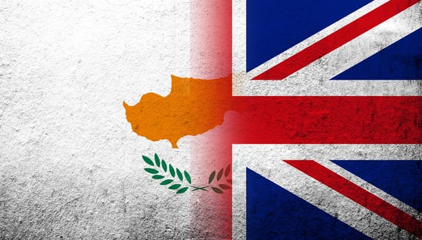 National flag of United Kingdom (Great Britain) Union Jack with the Republic of Cyprus National flag. Grunge background