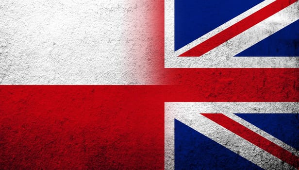 National flag of United Kingdom (Great Britain) Union Jack with The Republic of Poland national flag. Grunge background