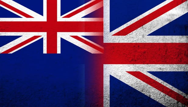 National flag of United Kingdom (Great Britain) Union Jack with National flag of New Zealand. Grunge background