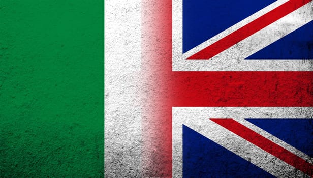 National flag of United Kingdom (Great Britain) Union Jack with Republic of Nigeria National flag. Grunge background