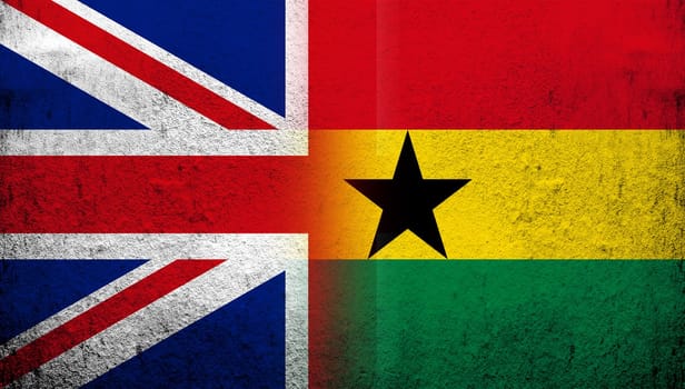National flag of United Kingdom (Great Britain) Union Jack with Republic of Ghana National flag. Grunge background