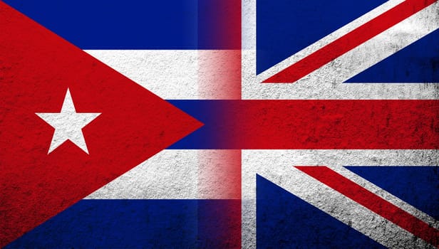 National flag of United Kingdom (Great Britain) Union Jack with The Republic of Cuba National flag. Grunge background