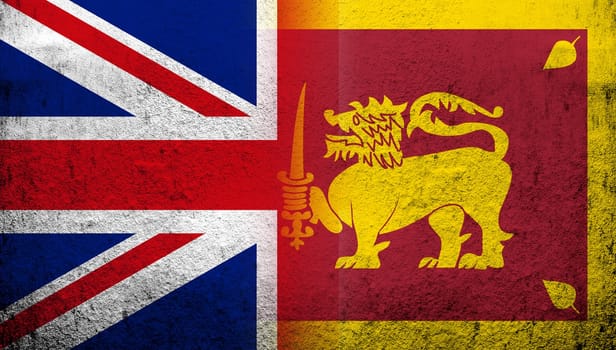 National flag of United Kingdom (Great Britain) Union Jack with Republic of Sri Lanka National flag. Grunge background