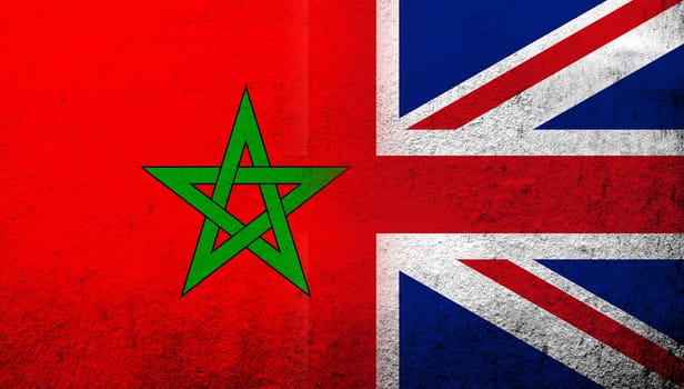 National flag of United Kingdom (Great Britain) Union Jack with The Kingdom of Morocco National flag. Grunge background