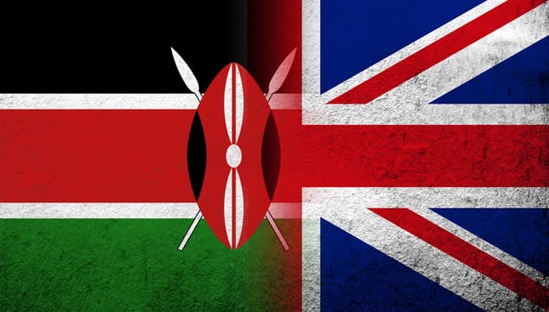 National flag of United Kingdom (Great Britain) Union Jack with The Republic of Kenya National flag. Grunge background