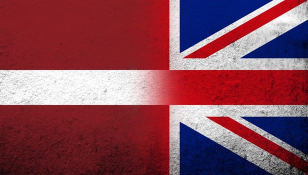 National flag of United Kingdom (Great Britain) Union Jack with The Republic of Latvia National flag. Grunge background