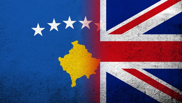 National flag of United Kingdom (Great Britain) Union Jack with The Republic of Kosovo National flag. Grunge background