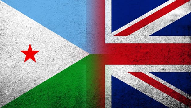National flag of United Kingdom (Great Britain) Union Jack with the Republic of Djibouti National flag. Grunge background