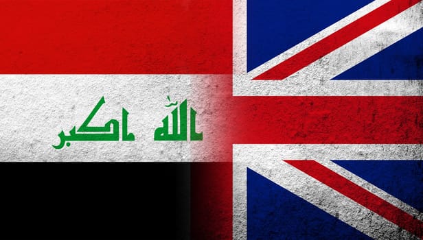 National flag of United Kingdom (Great Britain) Union Jack with the Republic of Iraq National flag. Grunge background