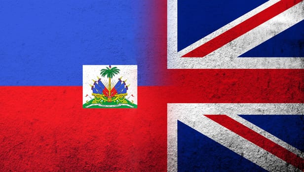 National flag of United Kingdom (Great Britain) Union Jack with the Republic of Haiti National flag. Grunge background