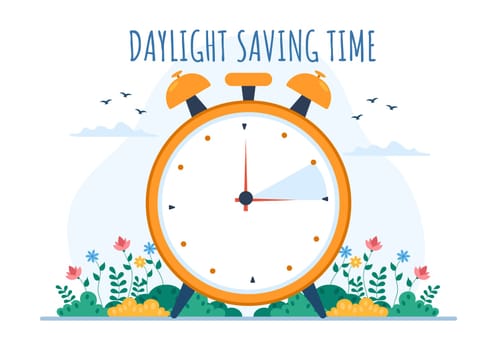 Daylight Savings Time Hand Drawn Flat Cartoon Illustration with Alarm Clock or Calendar from Summer to Spring Forward Design