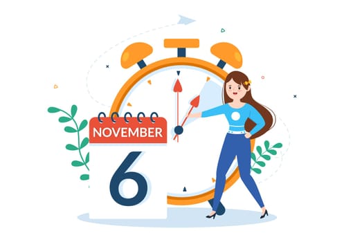 Daylight Savings Time Hand Drawn Flat Cartoon Illustration with Alarm Clock or Calendar from Summer to Spring Forward Design