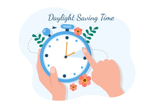 Daylight Savings Time Hand Drawn Flat Cartoon Illustration with Alarm Clock or Calendar from Summer to Spring Forward Design
