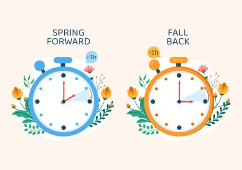 Daylight Savings Time Hand Drawn Flat Cartoon Illustration with Alarm Clock or Calendar from Summer to Spring Forward Design