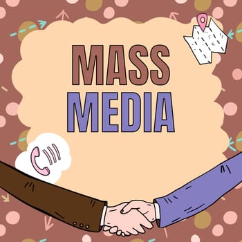 Writing displaying text Mass Media, Conceptual photo Group showing making news to the public of what is happening Empty frame decorated with communication symbols represent business meeting