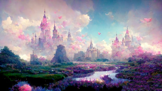IIllustration of a fairytale dreamlike castle in pastel colors, magical and mystical medieval kingdom