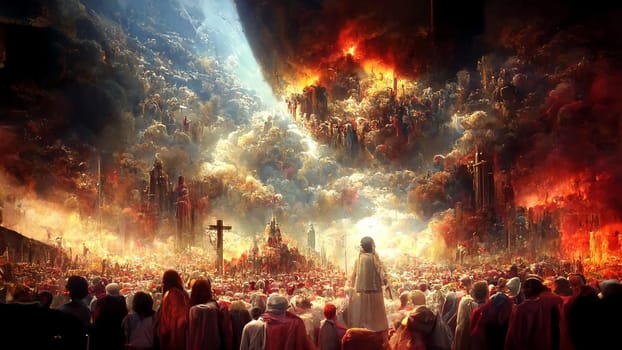 Revelation of Jesus Christ, new testament, religion of christianity, heaven and hell over the crowd of people, Jerusalem of the bible