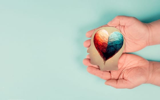 Holding a head with a colorful heart in the hands, symbol of love and positive emotion, charity and support