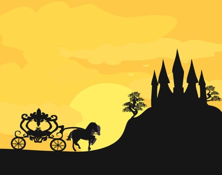 Carriage at sunset. Silhouette of a horse carriage and a medieval castle
