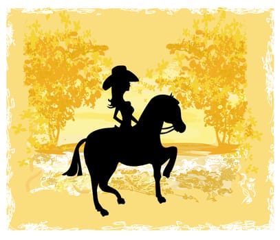 Silhouette of Cowgirl and Horse - grunge background
