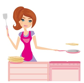 Chef girl fries pancakes on Shrovetide it is isolated on a white background