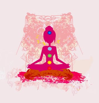 Yoga lotus pose. Padmasana with colored chakra points.